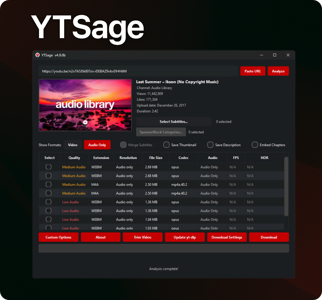 Audio Format Selection with Save Thumbnail